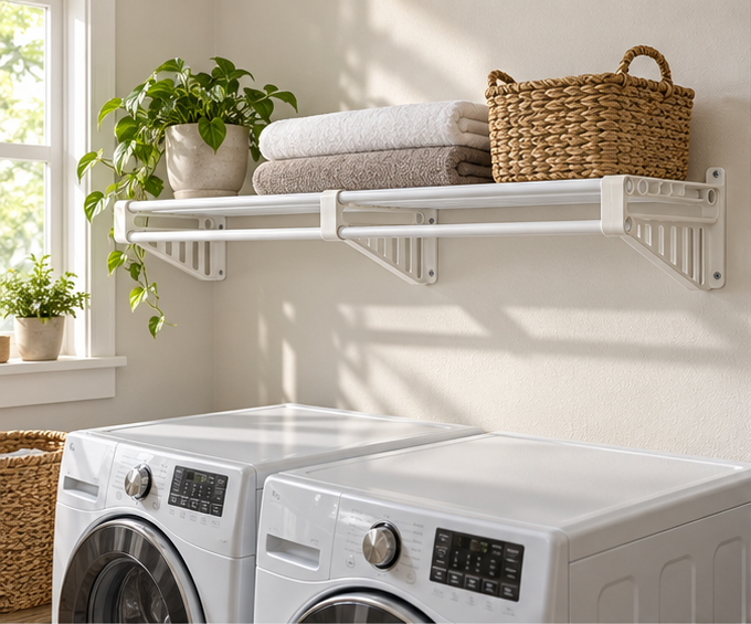 Illustration: XpandiShelf on a back wall above a washer and dryer, holding towels, a plant and a basket