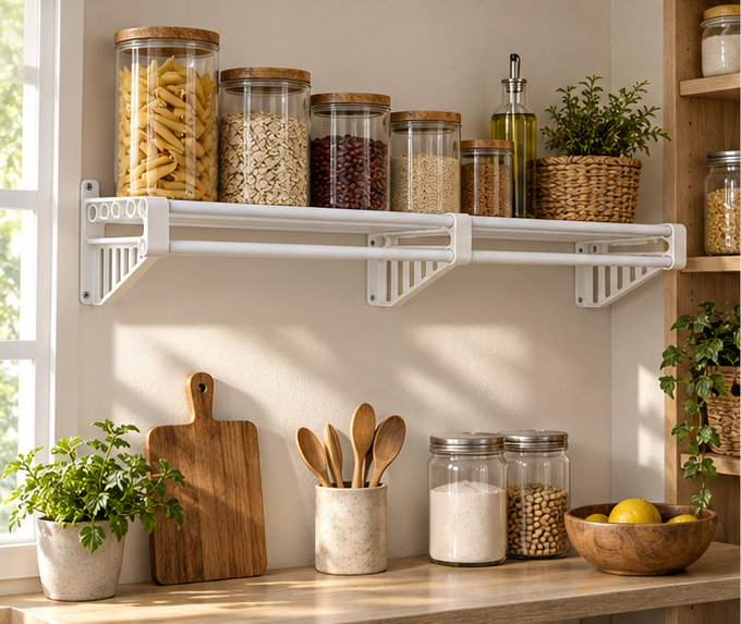 Illustration: XpandiShelf on a pantry wall holding glass storage jars and a basket