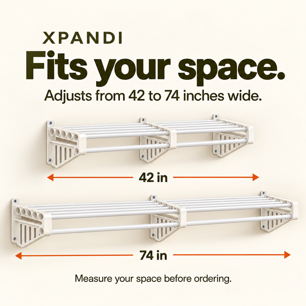Illustration of XpandiShelf adjusted to 42 inches and to 74 inches wide