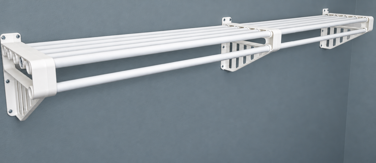 XpandiShelf mounted on a back wall only, with three white brackets and six white rods